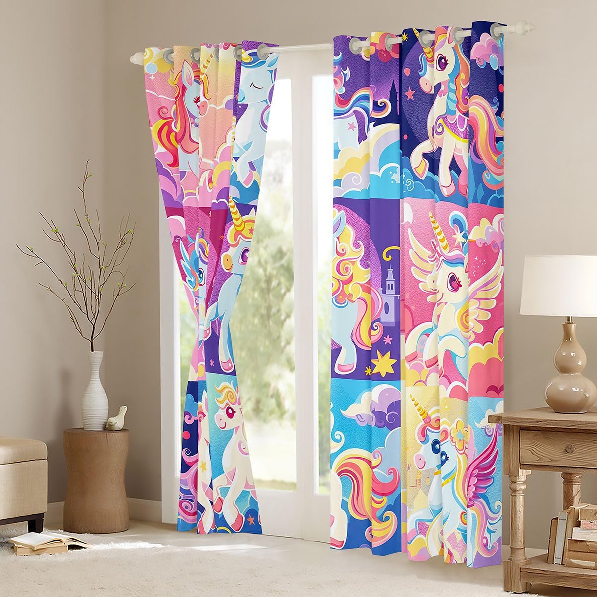 Manfei Lot de 2 rideaux de salon motif licorne mignonne à carreaux de licornes de dessin animé pour femmes et hommes, rideaux de cuisine, rideaux de chambre à coucher, rideaux de chambre à coucher