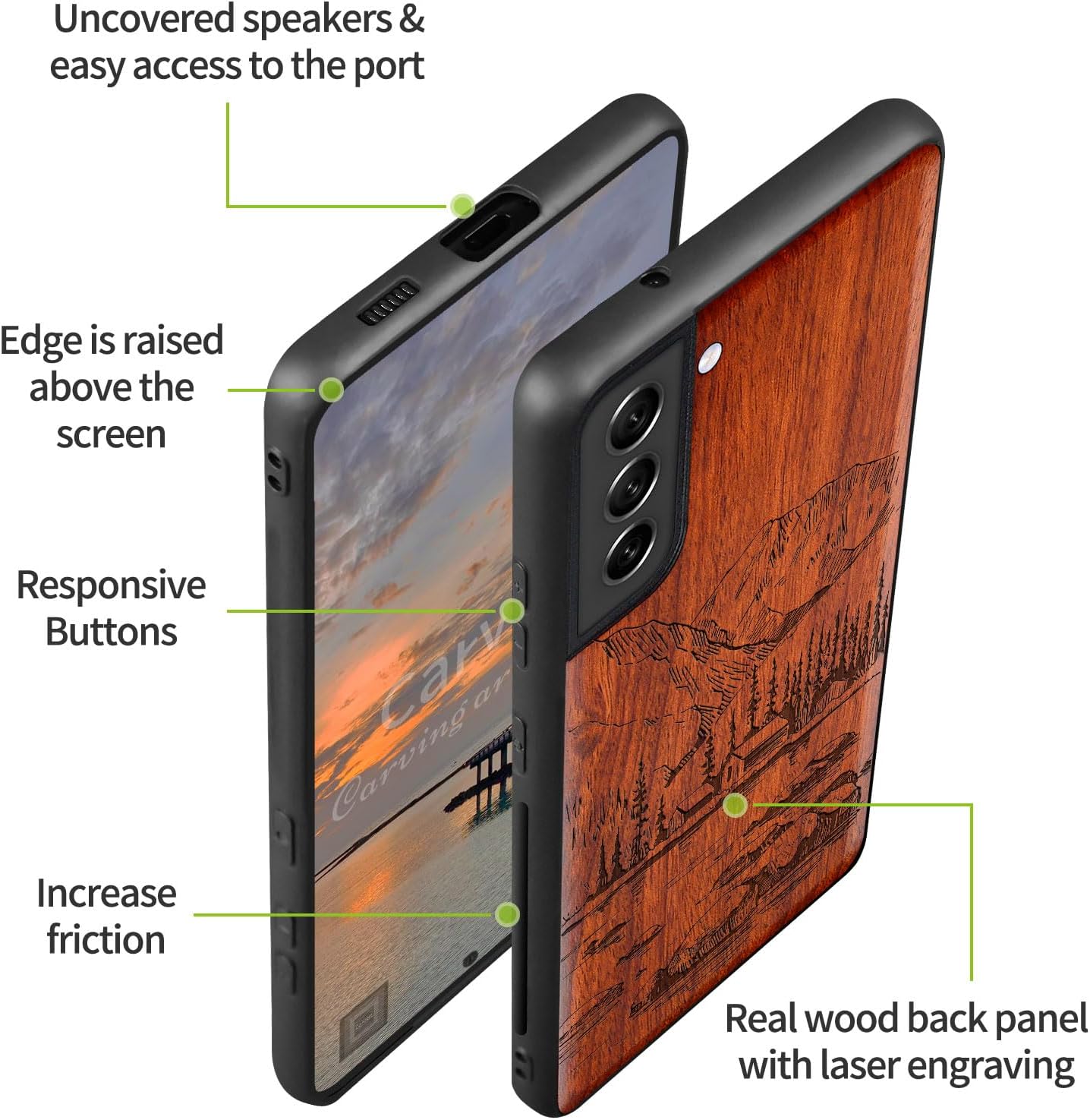 Carveit Wood Case for Galaxy S21 FE Case [Natural Wood & Black Soft TPU] Shockproof Hybrid Protective Unique Wooden Cover Compatible with Samsung S21 FE (Lakes and Mountains-Rosy)