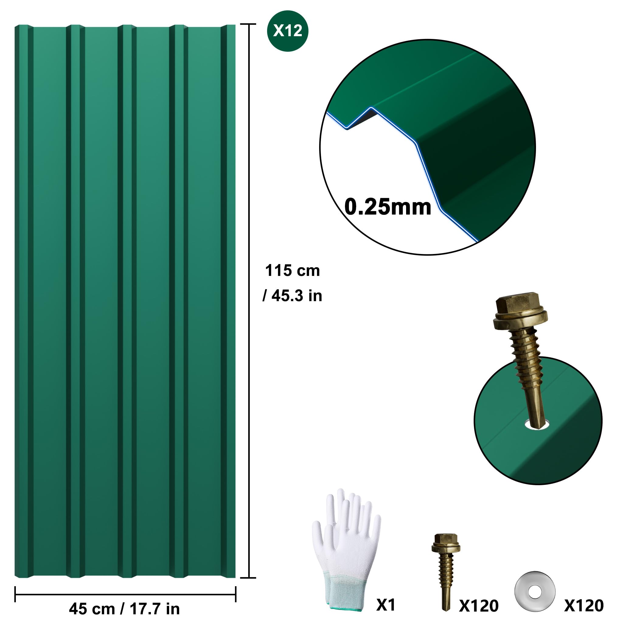 Aufun 12 láminas onduladas trapezoidales de acero galvanizado, 129,5 cm x 45 cm = 6,99 m², para cobertizo, placas de techo de 0,25 mm, incluye 120 tornillos y guantes, chapa metálica para garaje