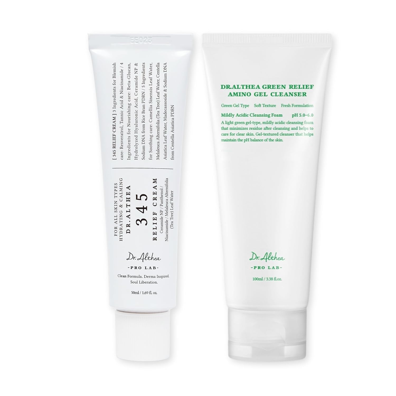 Dr.Althea Cleanser & Hydration Set, 345 Relief Cream & Green Relief Amino Gel Cleanser, Soothing Recovery & Deep Cleansing, Vegan Korean Skincare