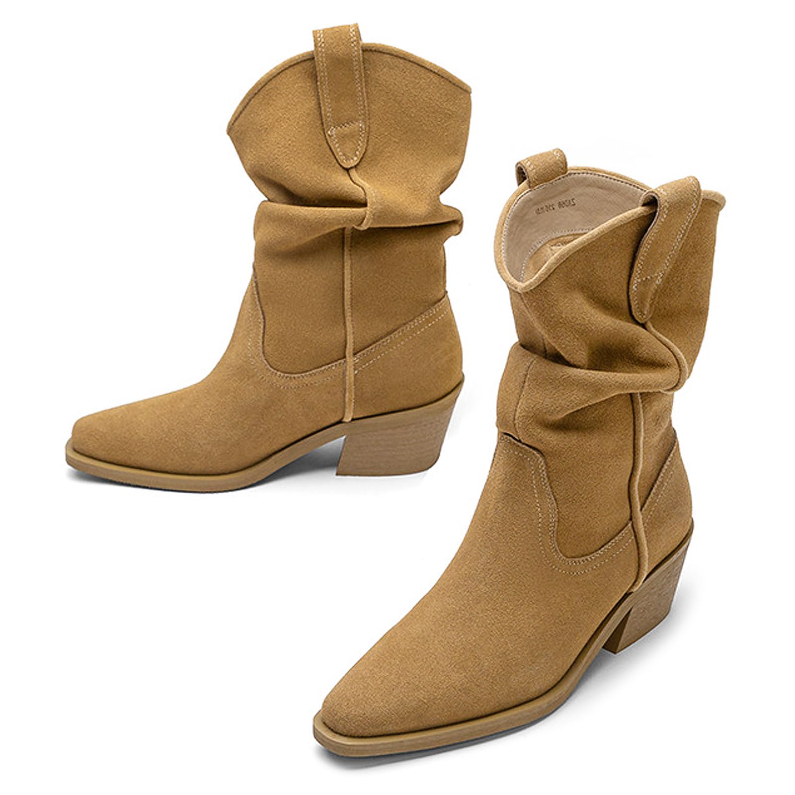 Womens Slouchy Chunky Heel Mid Calf Cowboy Boots Pointed Toe Pull On Retro Riding Boots Fall Fashion Cowgirl
