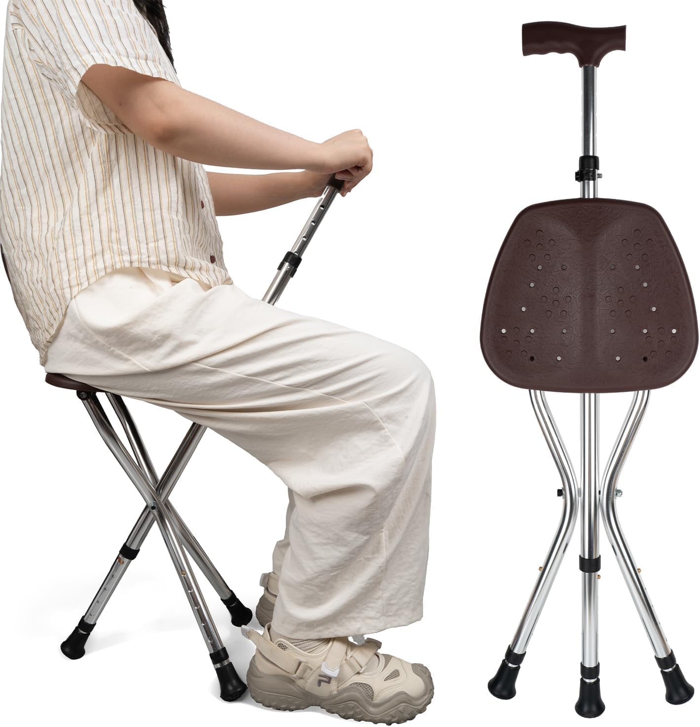 Cane with Seat Folding Lightweight,Walking Stick Height Adjustment,Cane Chair for Seniors Balance Supports Up to 330 Pounds,Anti-Slip Walking Stick for Elderly Men, Disabled