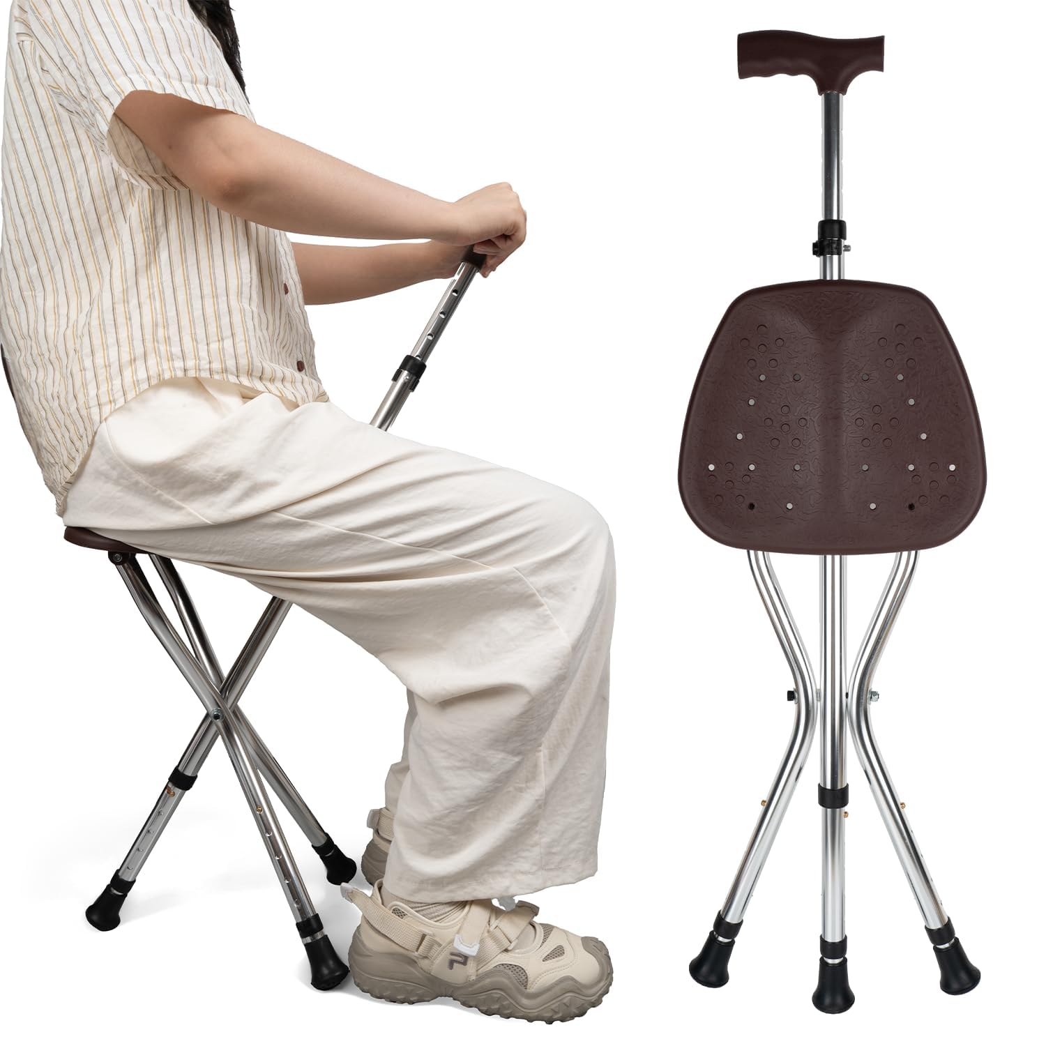 GvHomilov Cane with Seat Folding Lightweight,Height-Adjustable Cane,Chair for Seniors Supports Up to 330 Pounds,Anti-Slip Walking Stick for Elderly