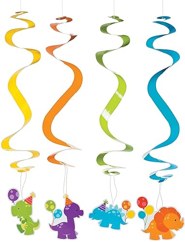 Fun Express - Pequeños remolinos colgantes de dinosaurio para cumpleaños - Decoración de fiesta - Decoración colgante - Espirales y remolinos -