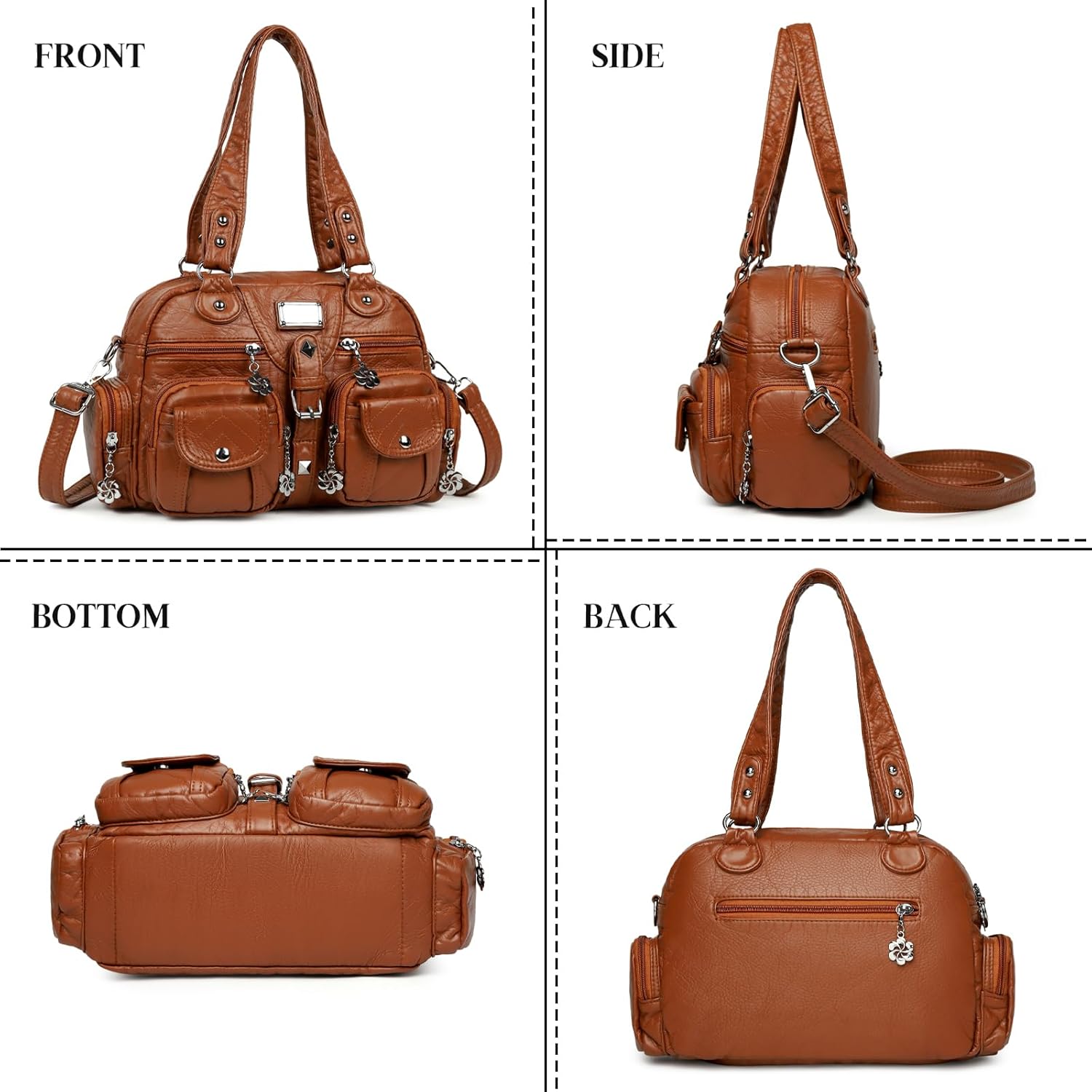 MYHOZEE Multi-Pocket Crossbody Bags for Women - Soft Washed Leather Shoulder Purses Vintage Hobo Satchel Handbags