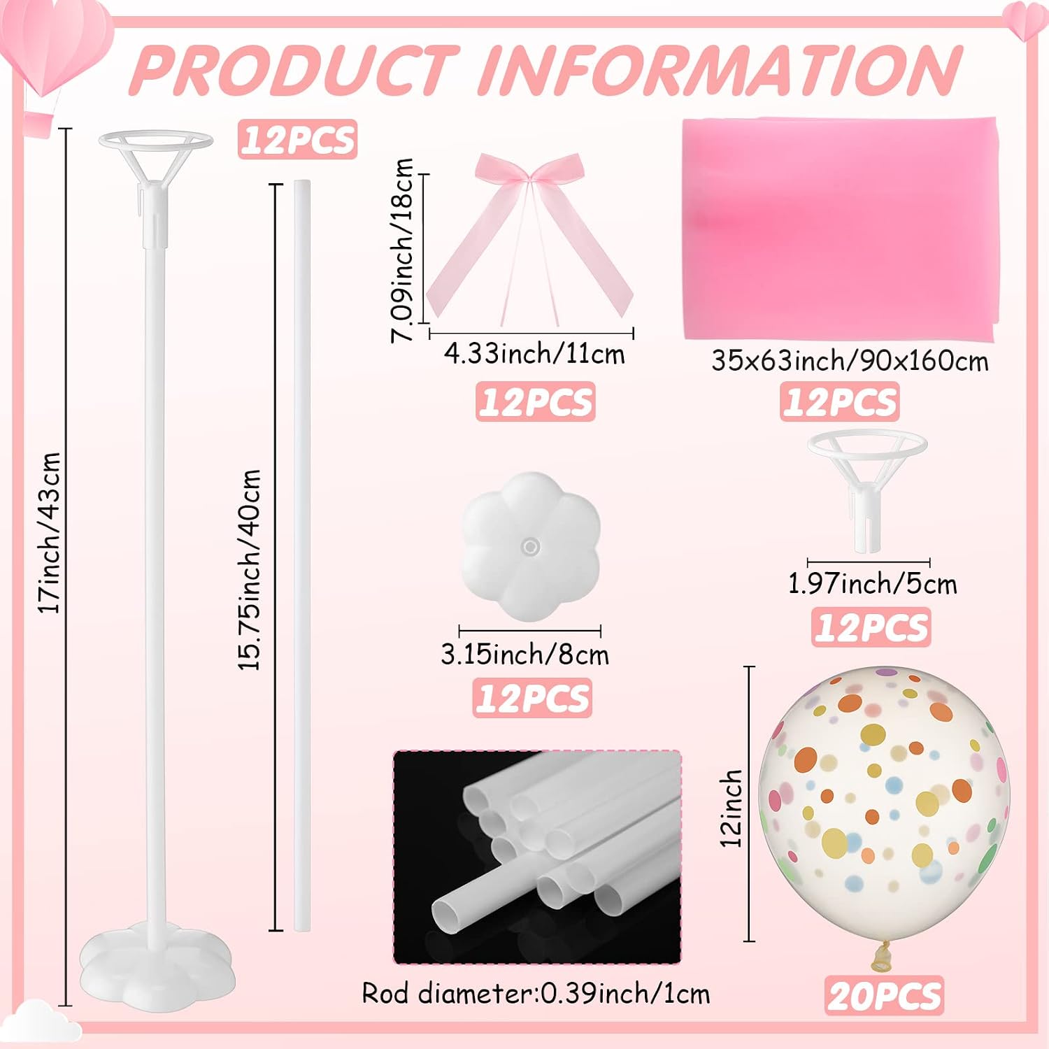 12 Set Tutu Tulle Balloons Table Centerpieces 12 Inch Polka Dot Balloons Baby Shower Centerpiece Column Base Kit for Girls Boys Birthday Wedding Table Decor Gender Reveal Party Favors(Pink)
