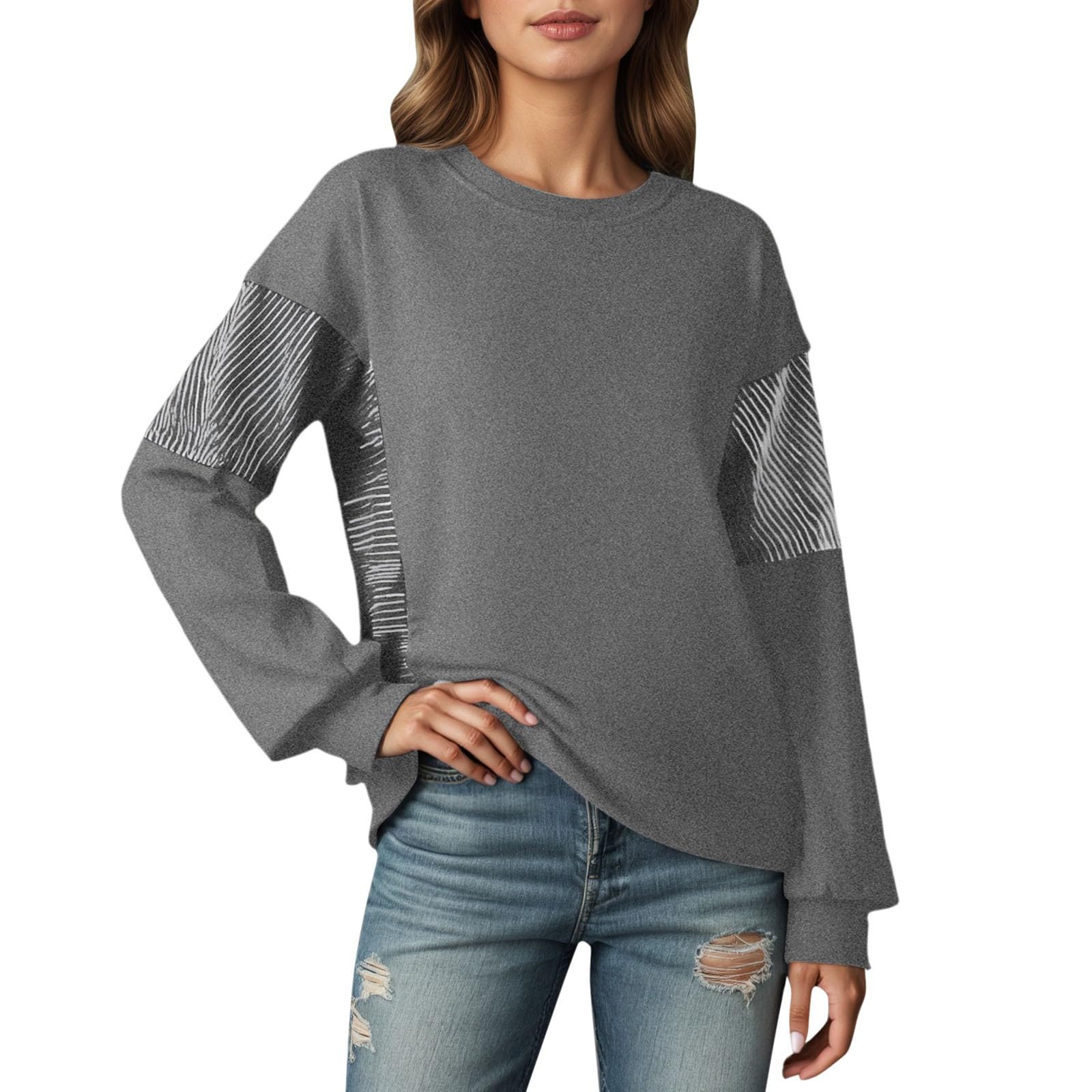Sudadera de Cuello Redondo a Rayas de Color para Mujer, Jersey Informal de Manga Larga, Suave, cómoda, para Uso Diario, versátil, Elegante, básica, para Estar en casa, Ropa de Moda Alternativa