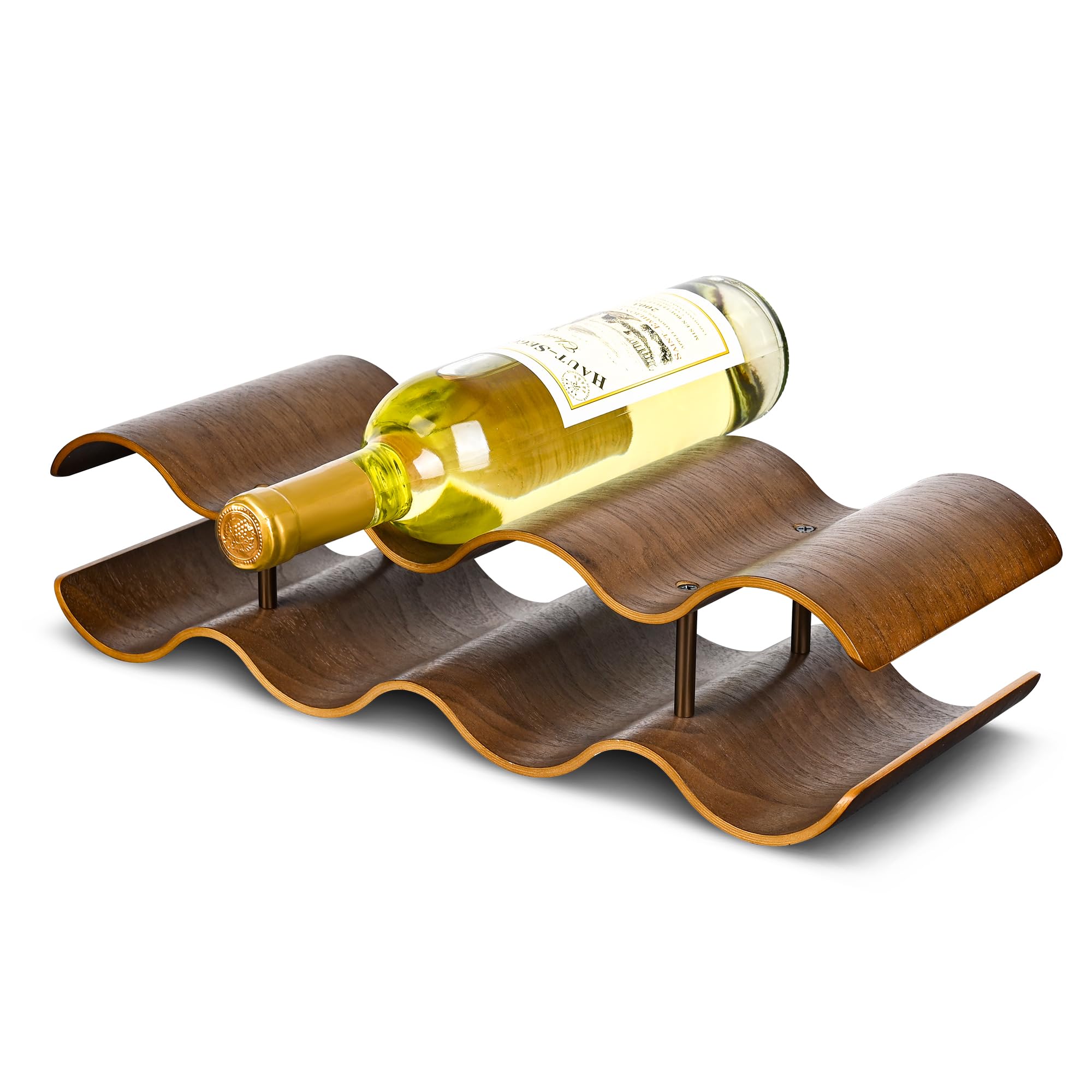 Estante de vino para encimera, soporte independiente para 7 botellas de vino, estante de almacenamiento de vino de madera de 2 niveles, organizador de vino ondulado de nogal para gabinete