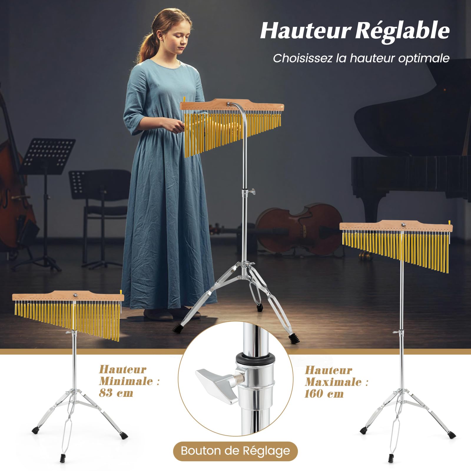 COSTWAY Carillon à Vent 36 Tons avec Support de Levage Réglable, Instrument de Percussion à Une Rangée en Alliage D'aluminium avec Sac & Trépied Pliable pour Performances Chorale Bar