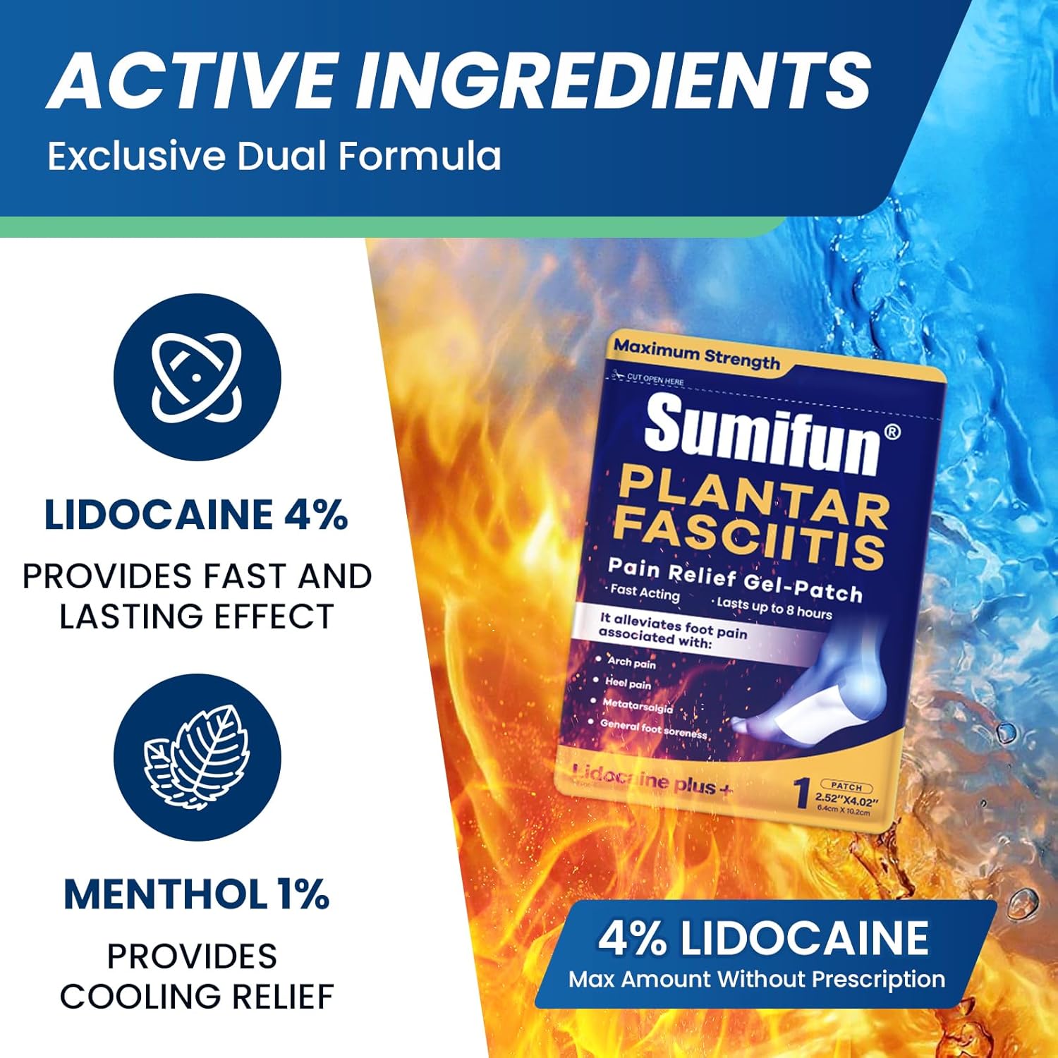 Sumifun Plantar Fasciitis Pain Patches, 4% Lidocaine Plus 1% Menthol, Maximum Strength 8-Hour Lidocaine Patches for Heel & Foot Pain Relief, Sprains, Strains & Bruises (6x10cm, 20 Counts)