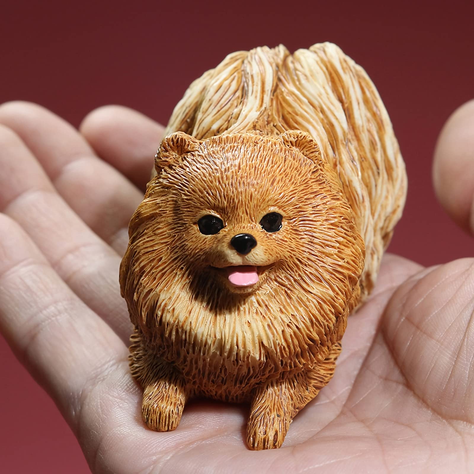 2.95 inches Small Resin Pomeranian Figurine Gifts, Lifelike Pomeranian Memorial Gifts, Dog Figurines, Car Decor, Collectible Pomeranian Statue Figure Sculpture, Gifts for Pomeranian Lover (Brown)