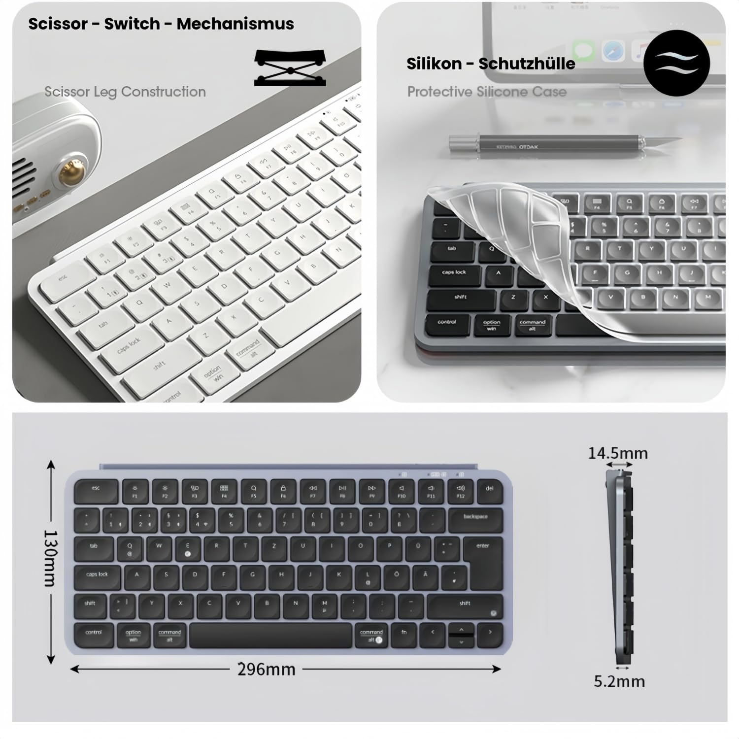 Keychron B1 Pro Ultra-Dünne Drahtlos-Tastatur, 75% DE-ISO-Layout 3 Moden 2.4GHz/Bluetooth/Wired ZMK-Customisierung Scherefuß-Tastendesign Tastendämpfung kompatibel mit Windows/Mac, Weiße