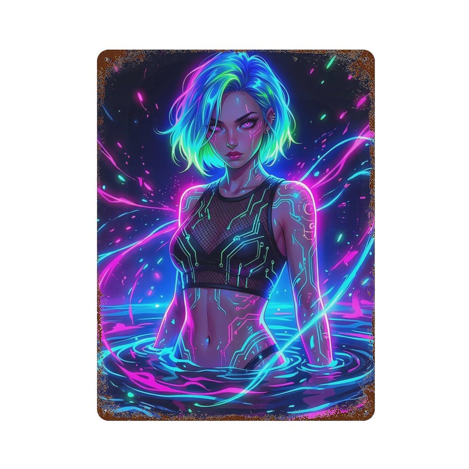 Neon Girl in Water Rustic Tin Plaque 15.7"x11.8", for Pub, Kitchen And Man Cave Decor, Vintage Wall Decor