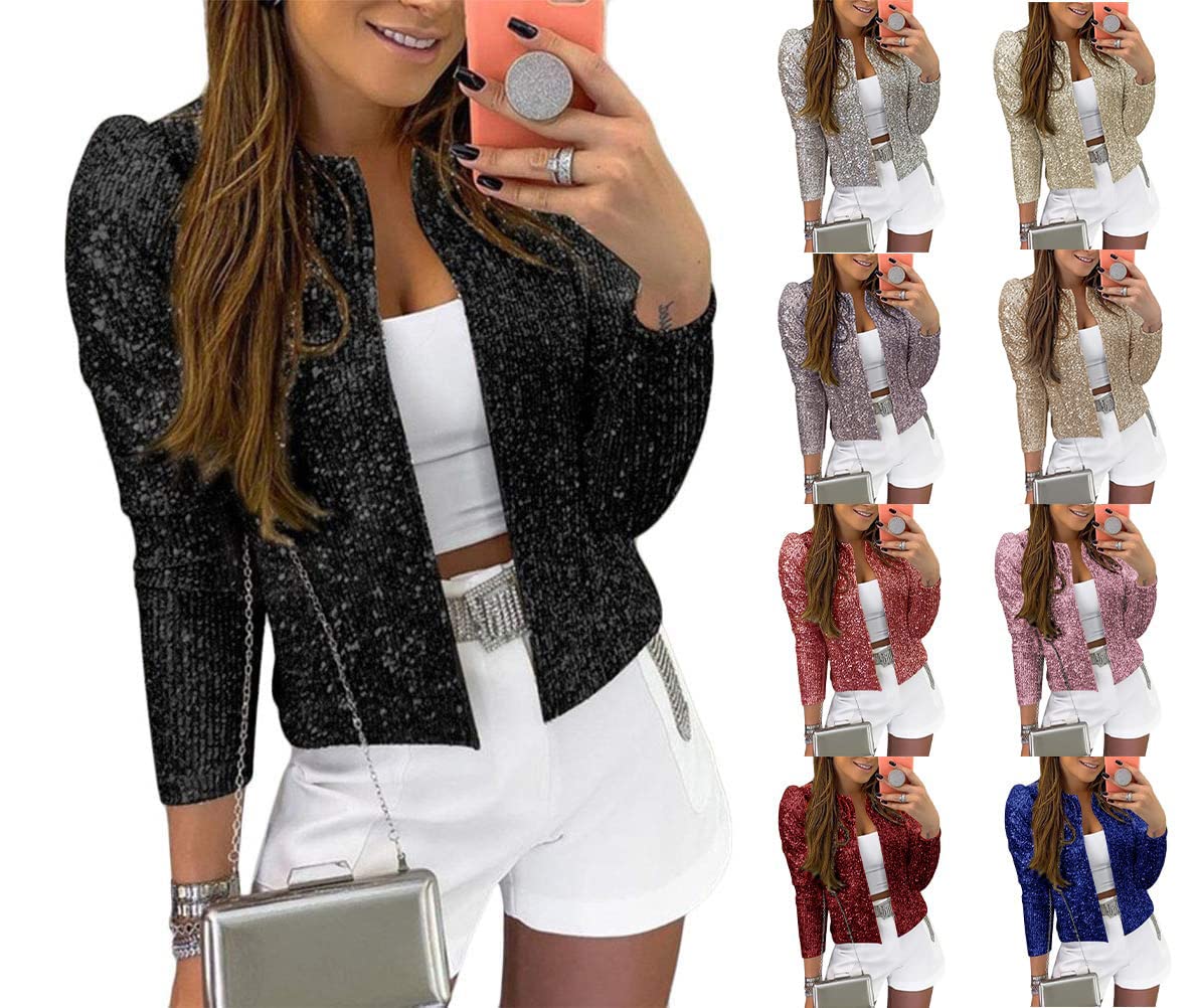 Minetom Blazer à Paillettes Femmes Chic Sequin Veste Casual Elegant Manches Longues Glitter Party Brillant Manteau Rave Blazer Veste De Costume