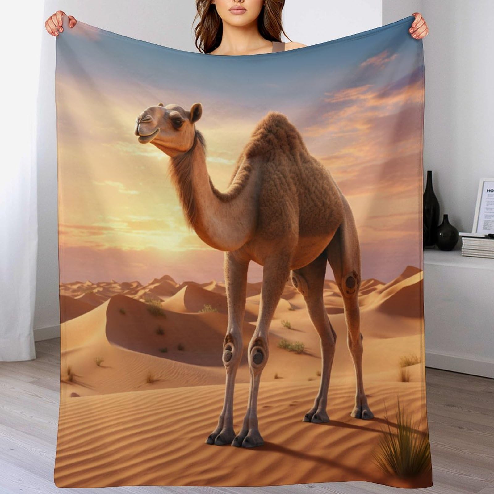 Couverture en flanelle camel 180x200cm plaid doux toutes saisons