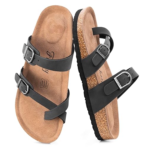 FITORY Women's Slide Sandals with Soft Cork Footbed, Comfort Arch Support Flat Sandals for Summer Size 6-11 - 8 - Matte Black