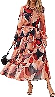 PRETTYGARDEN Women's Boho Floral Maxi Dress: Long Sleeve Button Down, Belted Elastic Waist, Flowy A-Line Spring Wedding Guest Dress