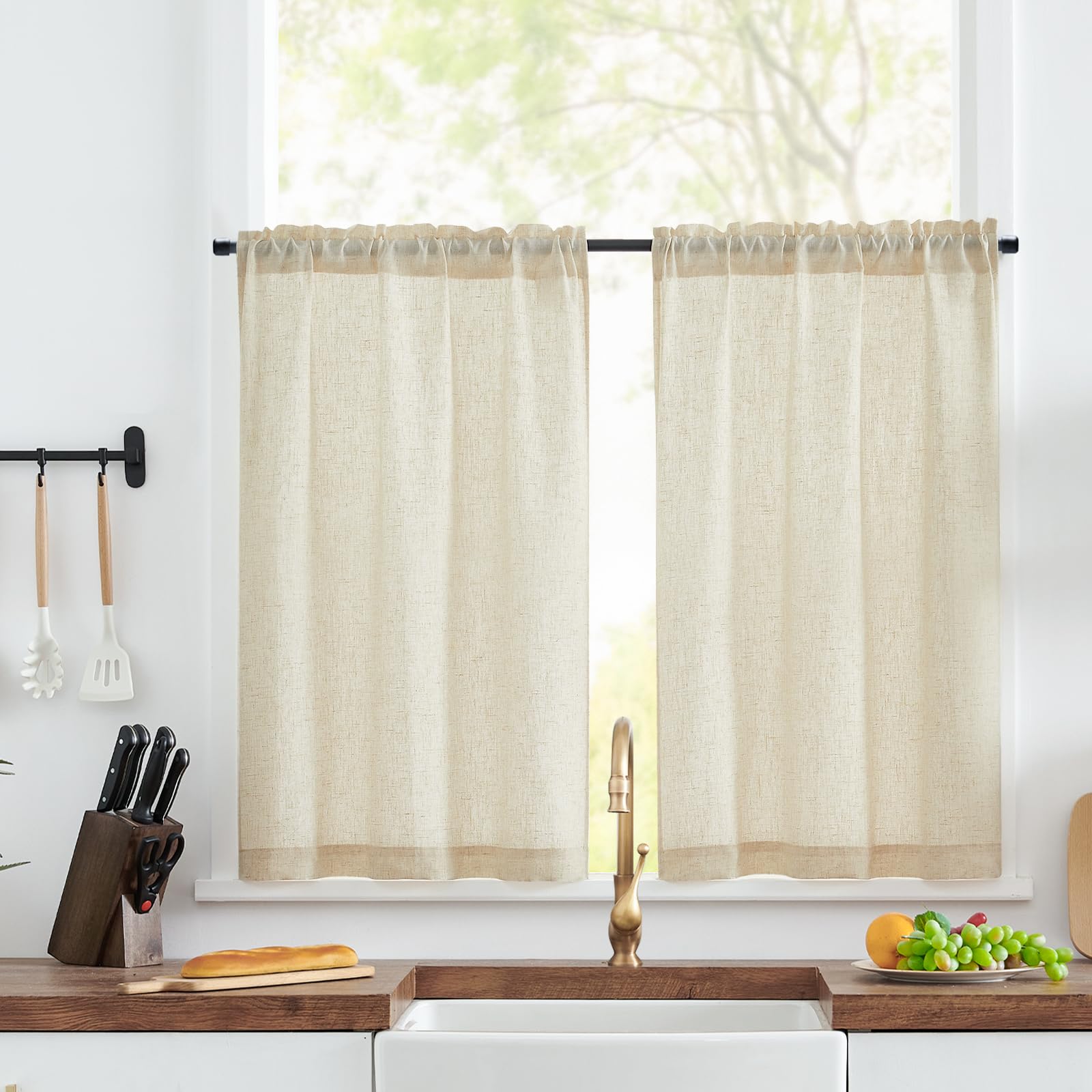 TOPICK Light Filtering Privacy Kitchen Curtains 36 Inch Drop, Linen Look Rod Pocket Cafe Curtains, Half Window Tiers for Bathroom, Sink, Cupboard, Bedroom 2 Panels, W36 x L36 Inch, Crude