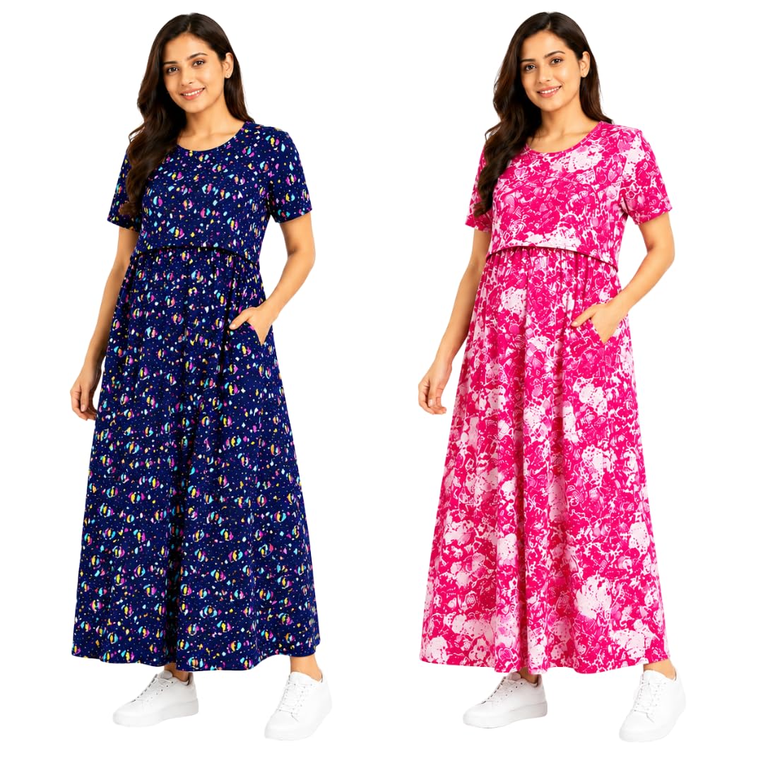 Maternity Feeding Dress Combo Pack of 2 | Zipless Feeding Dress for Women | Soft Cotton Lounge & Outdoor Wear | Pregnancy & Feeding Friendly Maxi Dress with Pockets (Blue, Pink)-image-46