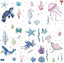 CRASPIRE Animaux de la Mer Stickers Muraux PVC Étanche Autocollants Autocollants Tortues Hippocampes Baleines Coquillages Méduses Rectangle 8 Feuilles 8 Styles Amovibles pour Fenêtre Escalier