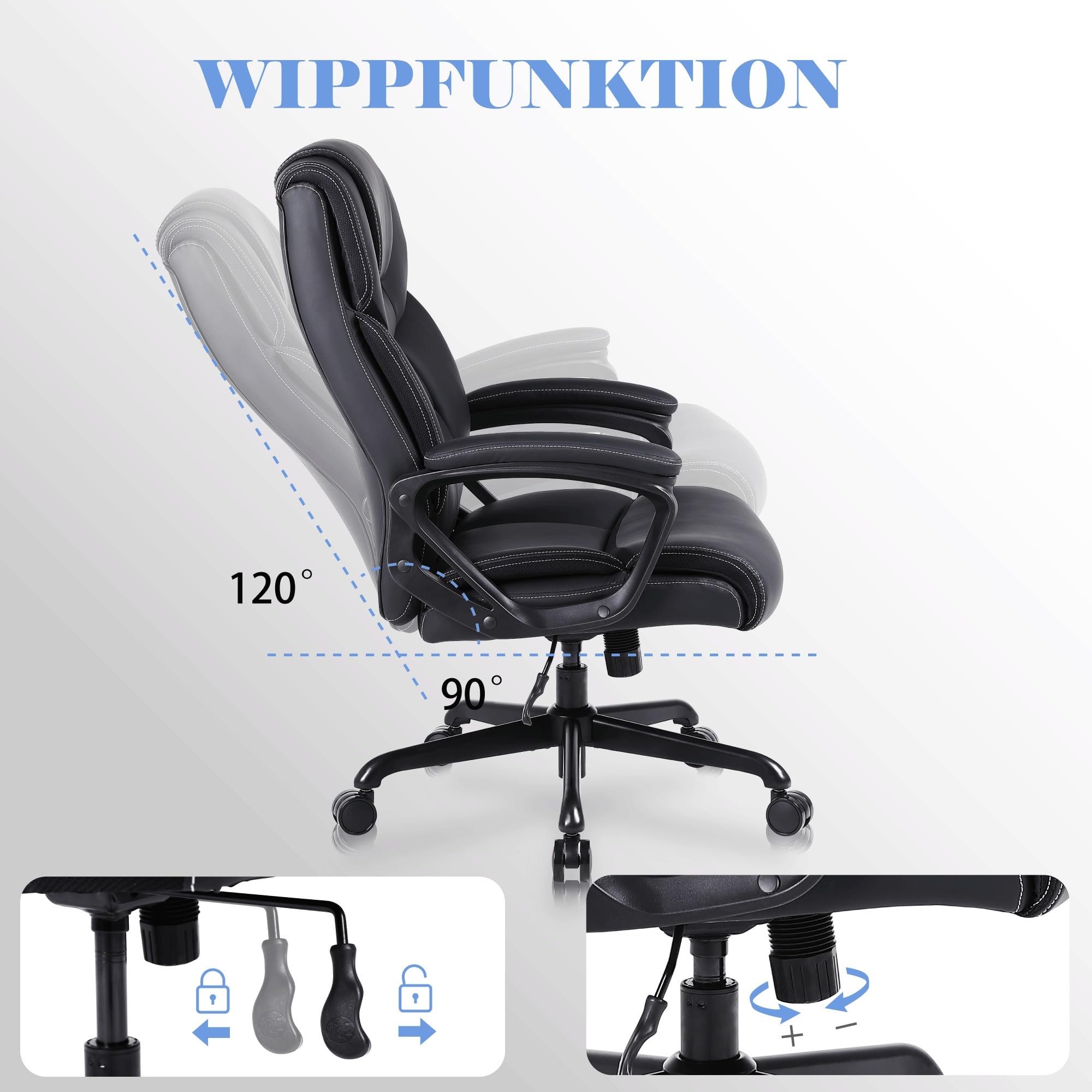 Bürostuhl Ergonomisch, Chefsessel Pu Leder, Schreibtischstuhl, Drehstuhl mit Wippfunktion, Höhenverstellbar, für Büro, Gaming, Schwarz