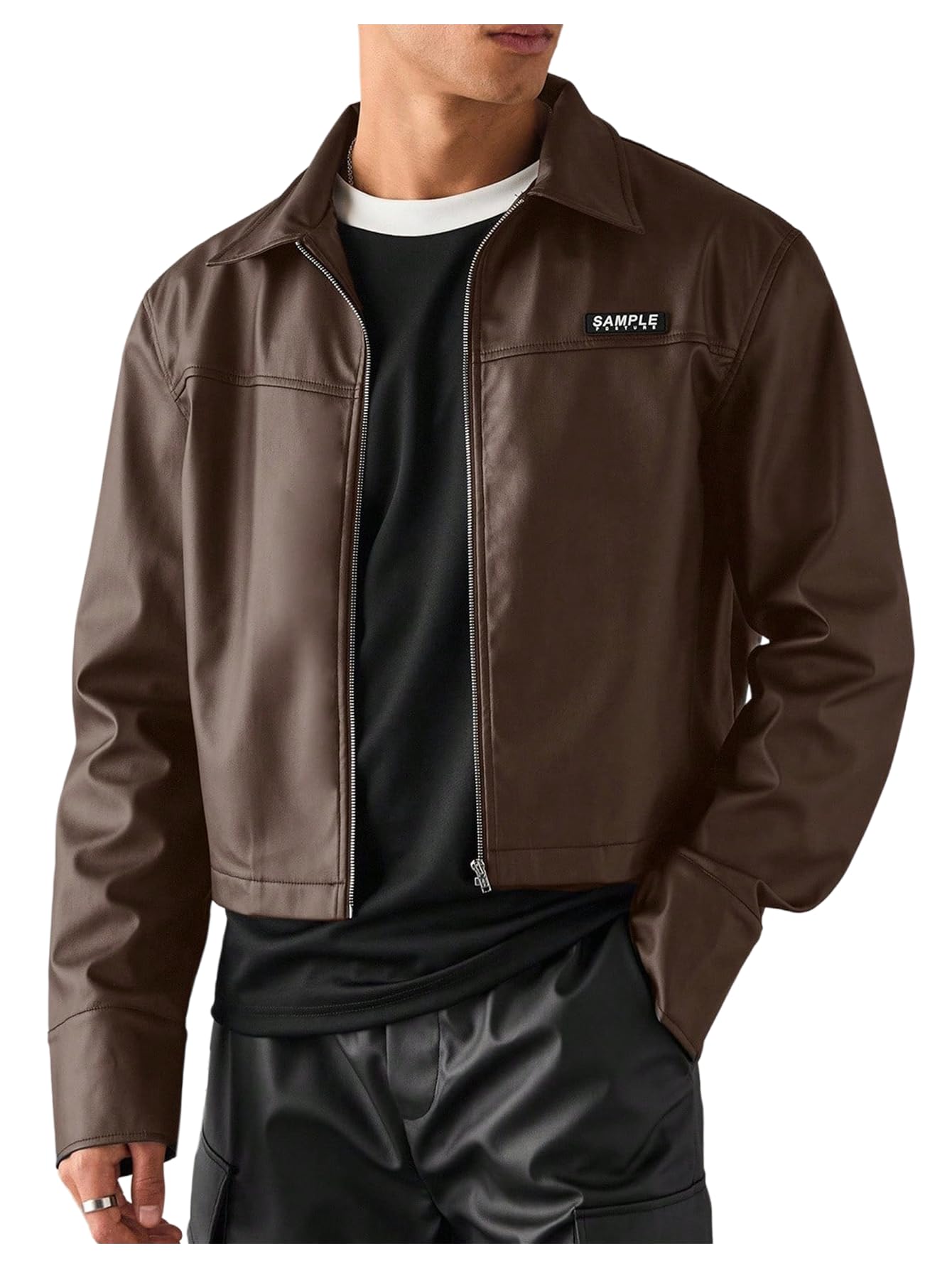 Men's Zip Up Lightweight Crop Bomber Jacket Lapel Collar Biker Motorcycle Coat Outerwear