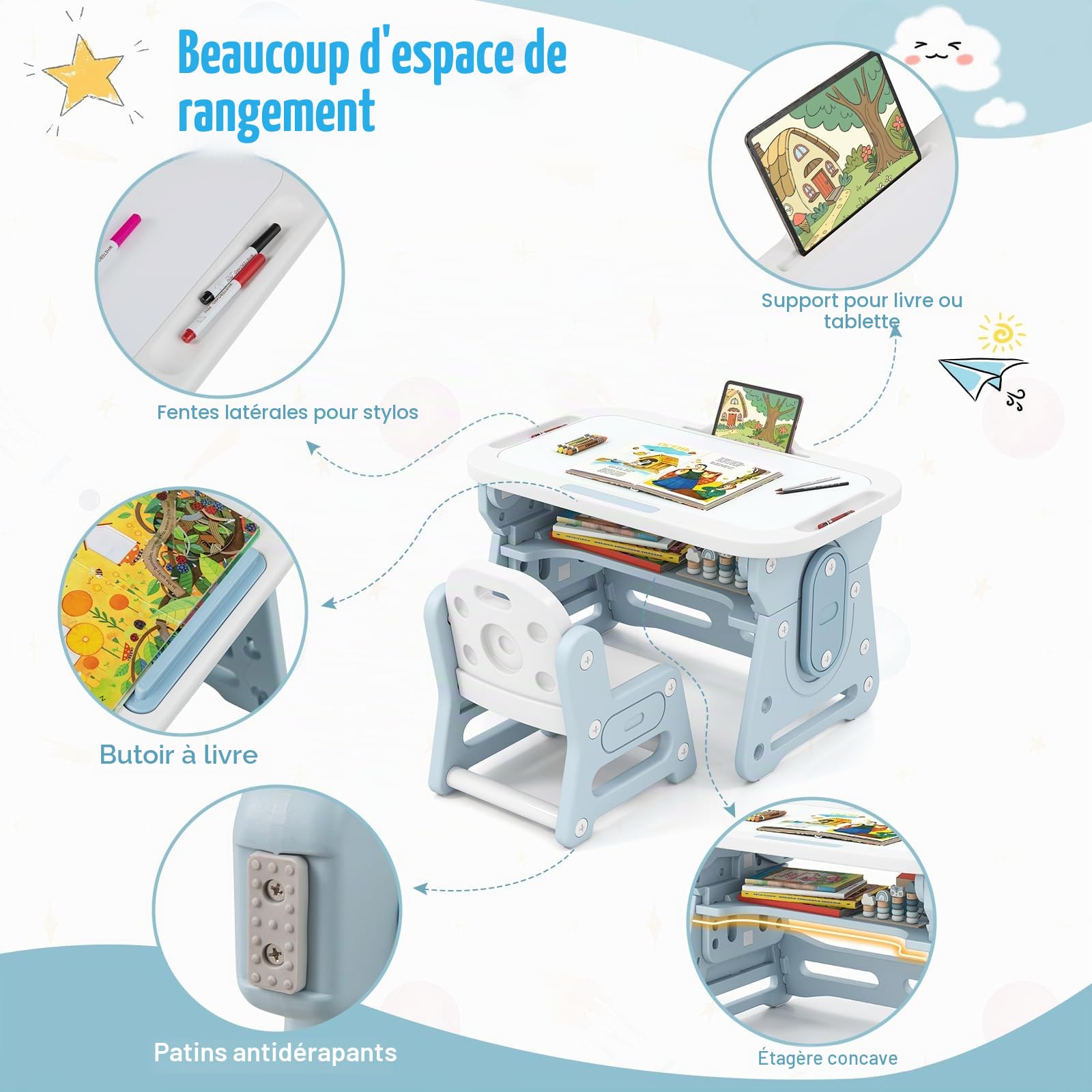 LIFEZEAL 4 en 1 Ensemble Table et Chaises pour Enfants, Table à Dessin avec Tableau Blanc Magnétique et Chaise Ergonomique, Bureau Réglable et Inclinable avec Pieds Antidérapants pour 3+ Ans (Bleu)