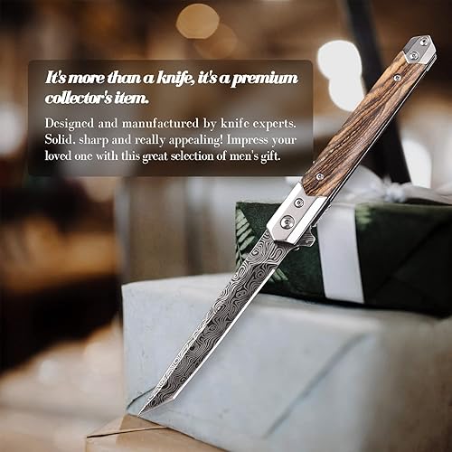 Miniatura 7 de Tops Home EDC - Cuchillo de bolsillo para hombre, cuchillos plegables delgados con funda, hoja Tú, mango de madera, cuchillo de caballero de perfil