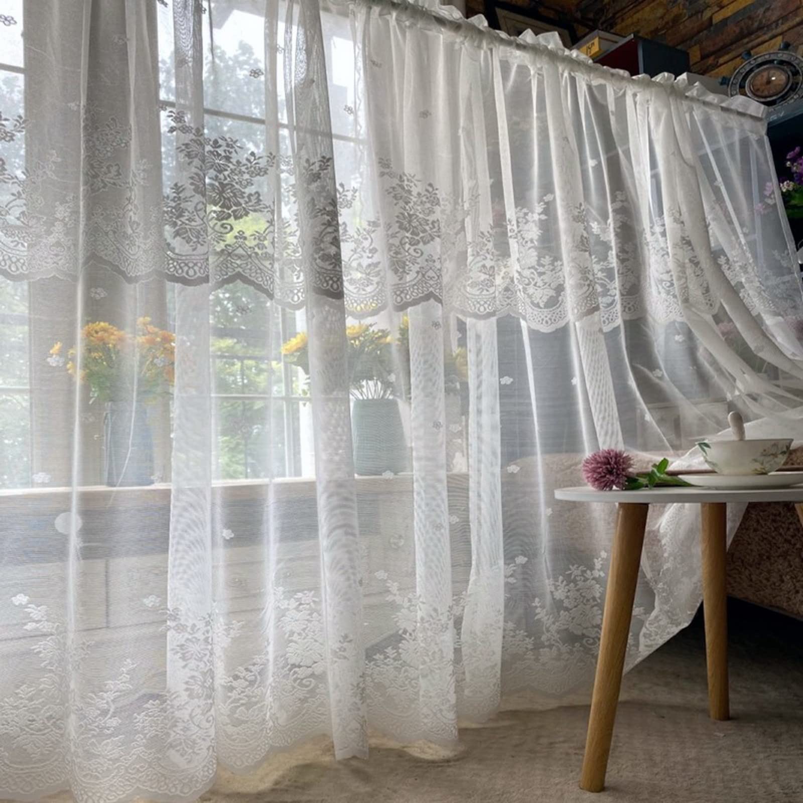 A.Monamour Rideau de Cuisine Court pour Petit Fenêtre Voile Transparent Blanc avec Broderie Florale Brodée Voilage Rideau Brise-bise Rideaux à Disques Cantonnières Demi Passe-Tringle pour Bistro Café