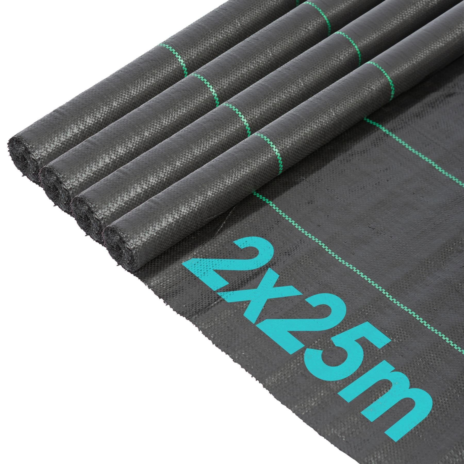 Harbour Housewares 110gsm Weed Control Membrane - 4 Rolls of 2M by 25M each - Black Heavy Duty Weed Control Fabric Barrier Ground Cover for Garden, Patios, Flower Beds, Landscaping
