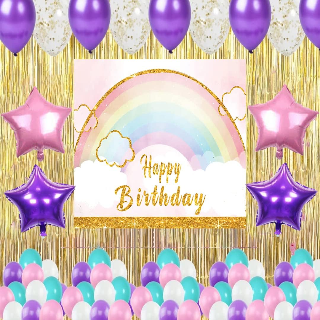 Theme My Party Rainbow Birthday Party Supplies, Rainbow Party Decorations with Happy Birthday Backdrop Balloons and Curtains (Decoration Kit 4)