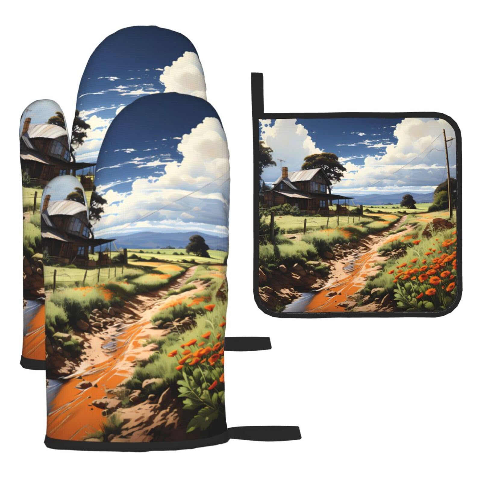 idyllic scenery Oven mittens and oven mitts three-piece set suitable for oven, grilling, baking, microwave and home cooking.