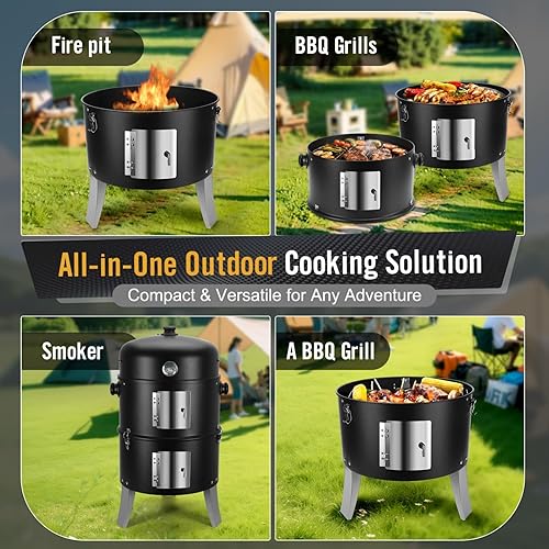 Miniatura 3 de Ahumador de carbón para carne Parrillas de carbón para barbacoa 4 en 1 resistentes de 16 pulgadas - Combo de parrilla vertical para ahumar barbacoa