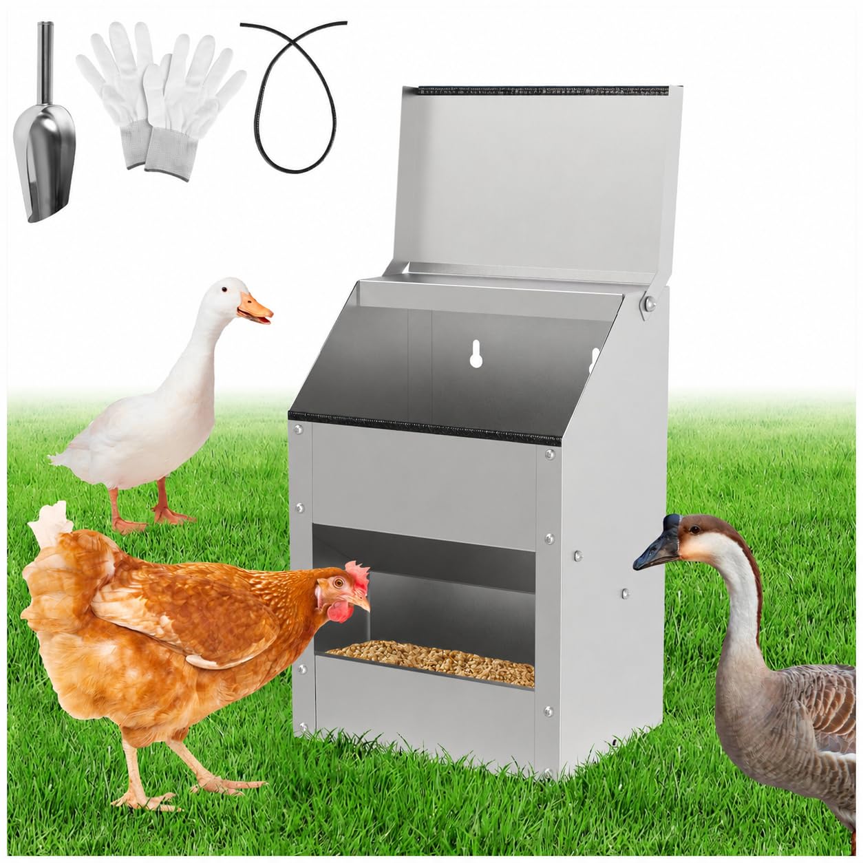 Sonnewelt 15 kg automat do karmy dla kur, ocynkowana stal, karma dla kur, automat do karmy dla szczurów – automatyczny karmnik dla kur, kur, kaczek, w zestawie rękawiczki, łyżka, paski chroniące przed