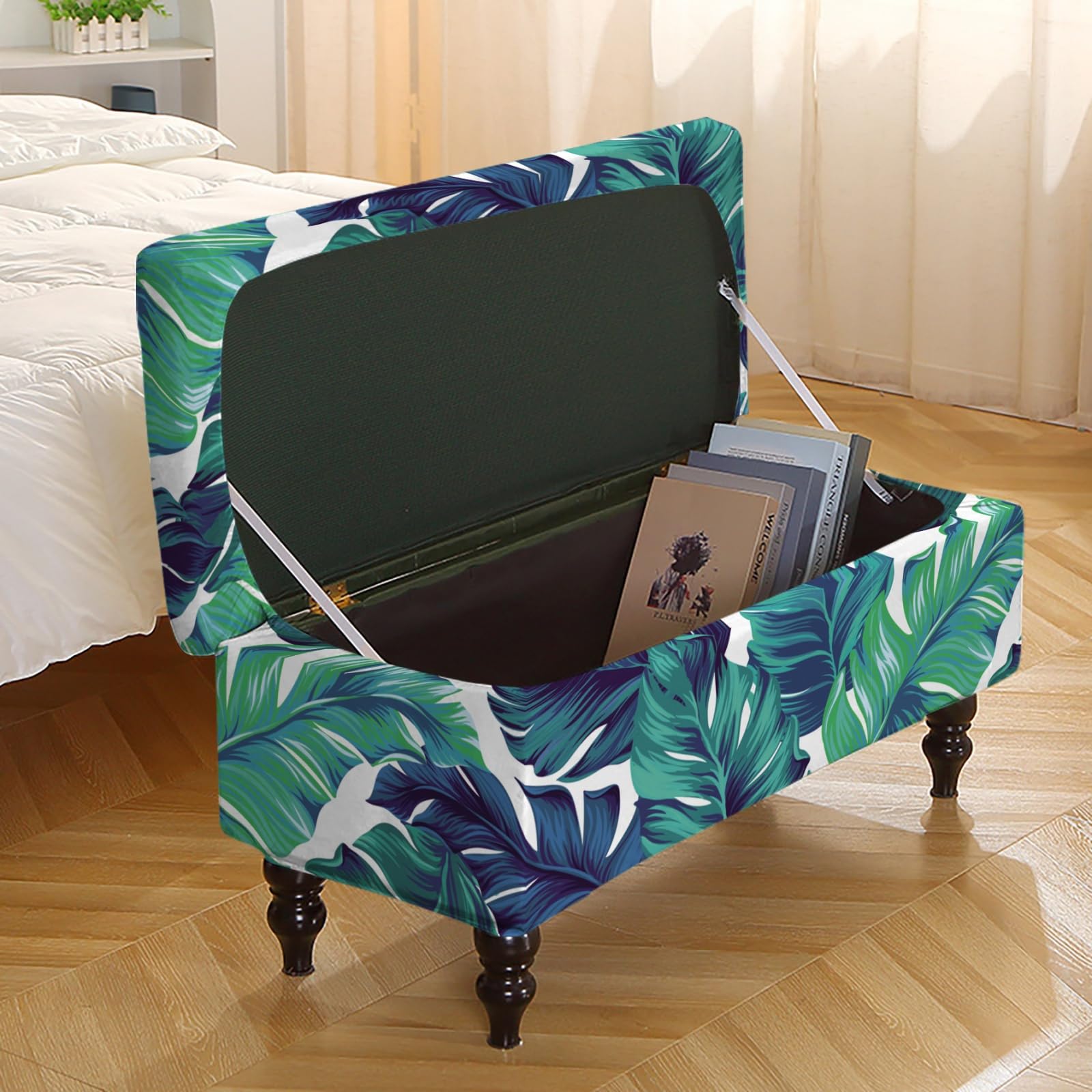 Treer Ottoman Lid Stretch Cover Rectangle, Soft Elastic Ottoman Slipcover Folding Ottoman Storage Bench Covers Washable Footstool Protector Covers for Living Room (Green Leaves,S)