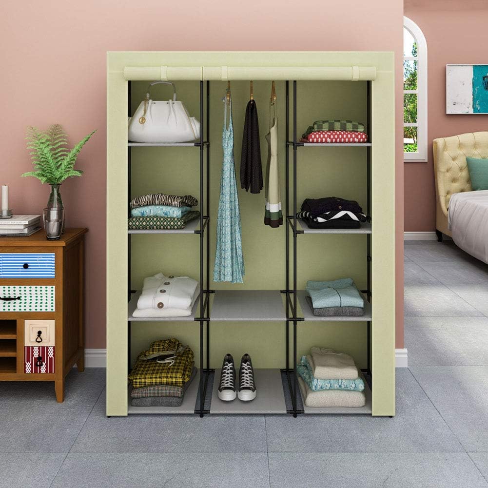 Wardrobe Closet Portable, Clothes Closet Steel Pipe Waterproof Wardrobe Storage Extra Strong & Durable Wardrobe Fabric Cabinet No-Tool Assembly,Beige_166x45x130cm
