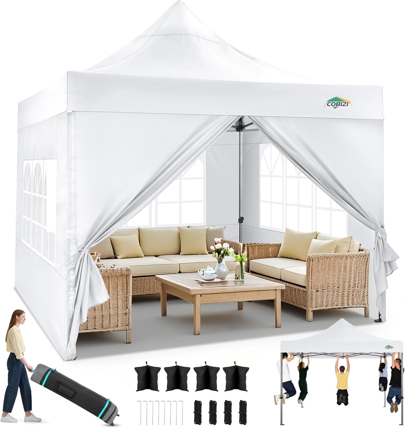 COBIZI 10x10 Pop up Canopy Tent Heavy Duty with 4 Sidewalls, Easy Set-up Commercial Outdoor Party Tent, 100% Waterproof Wedding Tent Gazebo, 3 Height Adjustable with Wheeled Bag,White White 10x10(with sidewall)