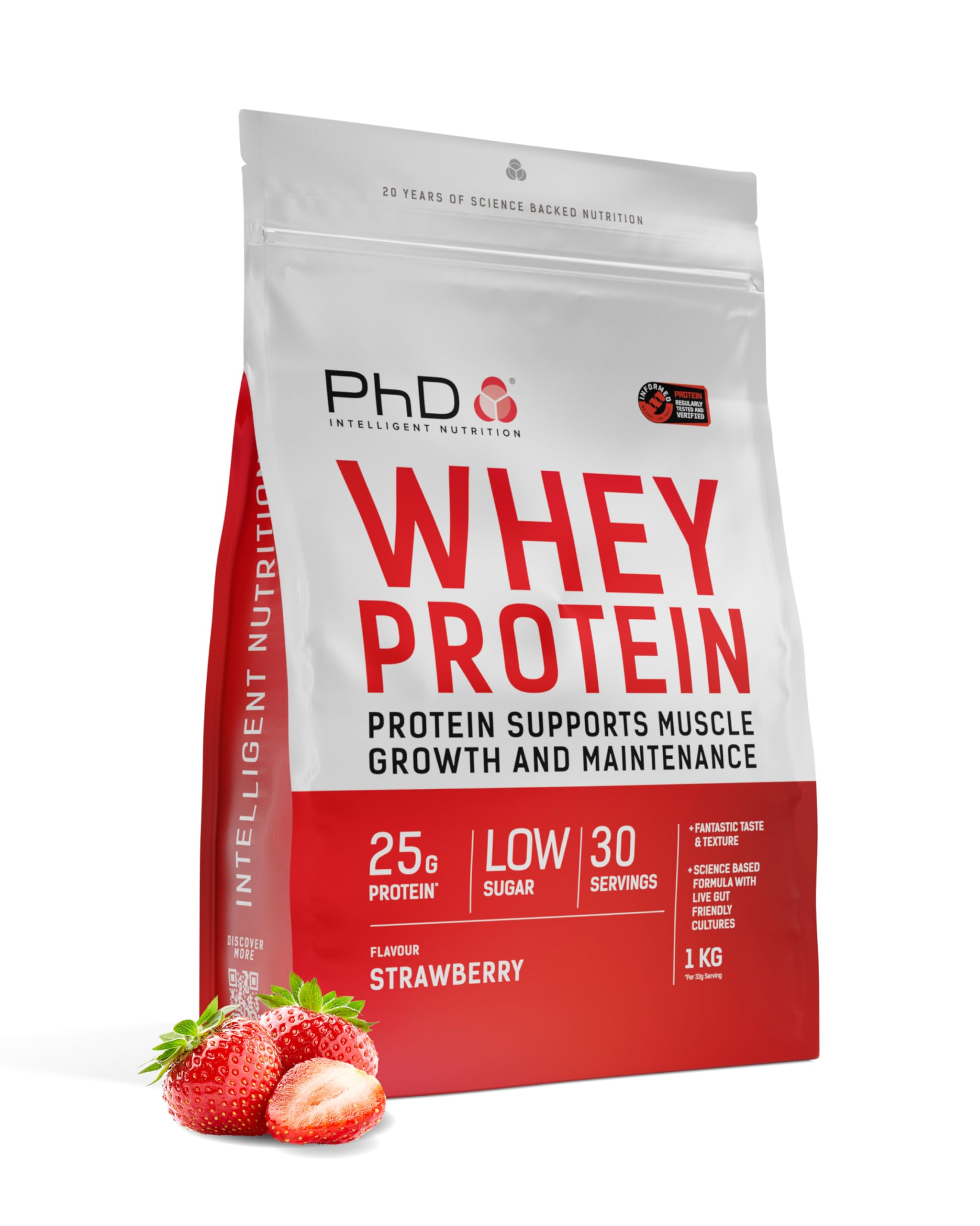 PhD Whey Protein Powder - High Protein Shake with Bacillus Coagulans - Supports Muscle Growth and Maintenance - Strawberry - 1kg