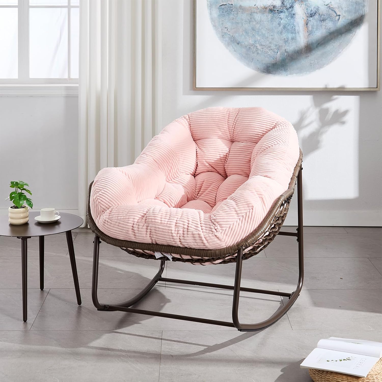 Rattan Rocking Chair with Removable Padded Cushion Comfy Rocking Reading Chair for Living Room Bedroom Front Porch Patio Garden (White)