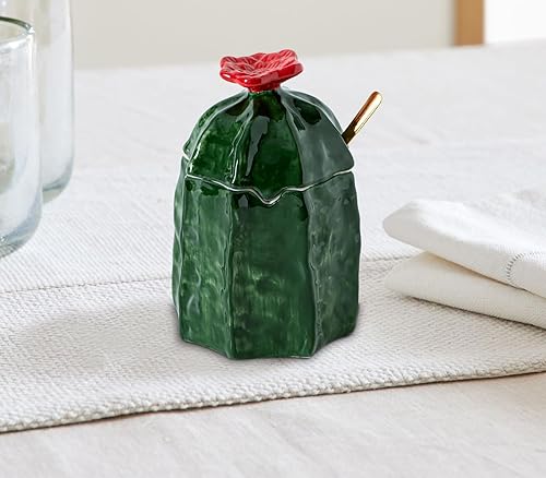 Miniatura 2 de Azucarero de cactus con tapa y cuchara Tarro de azúcar de cerámica Plato de azúcar blanco con tapa Azucarera  Decoración en relieve Elegante y