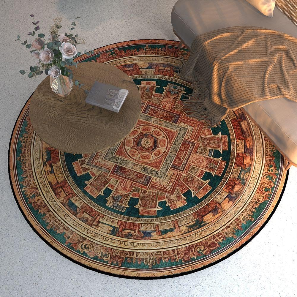 Tapis rond 140 cm épais style ethnique marron vert haute densité