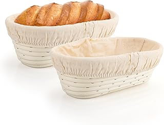 YKUKIZEE 2 Pcs Oval Bread Proofing Basket 25x15x8 cm, Rattan Banneton Proofing Basket, Sourdough Proving Basket Handmade Brotform Bowl with Cloth Liner