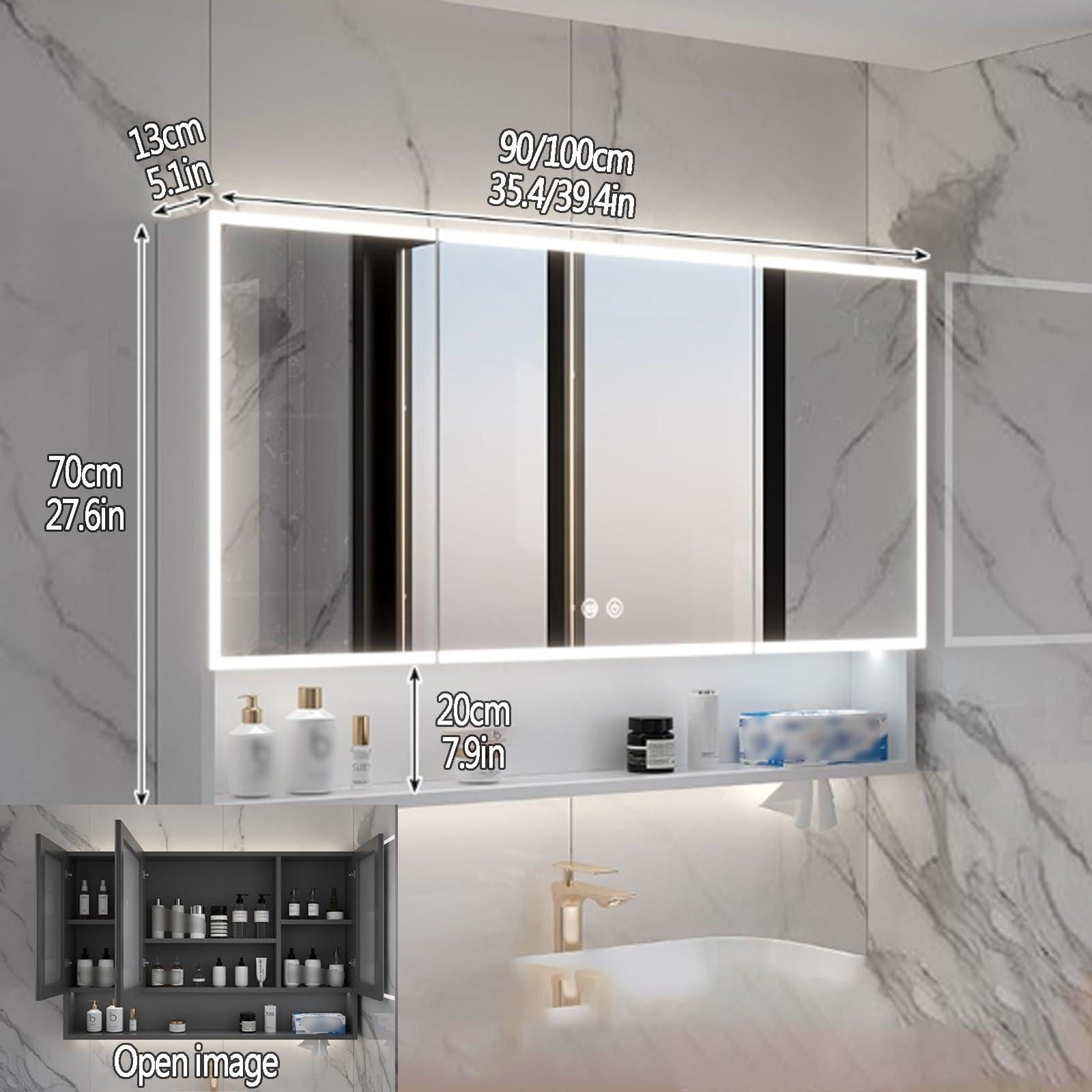 Inteligente armario espejo baño con luz y espejo,Moderna Armario con Espejo Antivaho de Maquillaje,Espejo de Maquillaje para Inodoro,Interruptor Táctil,Agujero papel(Gray,100*13*70cm/39.4*5.1*27.6in)