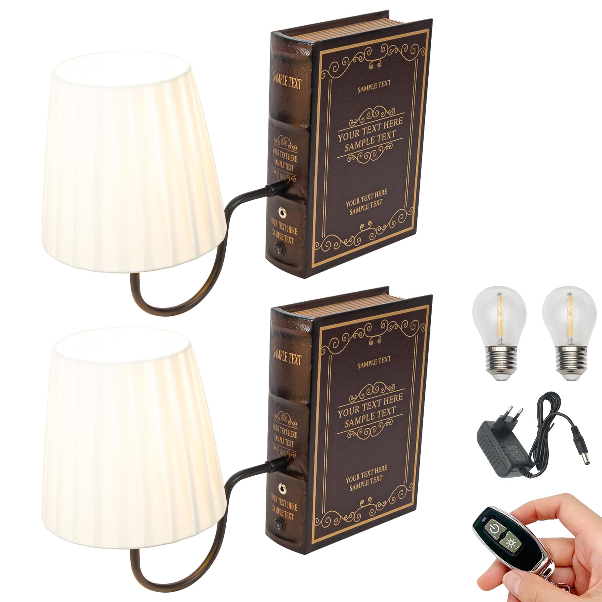 LED Buchlampe mit Fernbedienung, Vintage Dimmbar Nachttischlampe mit Stoffschirm 1xE27-Fassung,2er-Satz Wiederaufladbare Tischlampe Zeitschaltuhr für Nachttisch Beistelltisch -TD0629