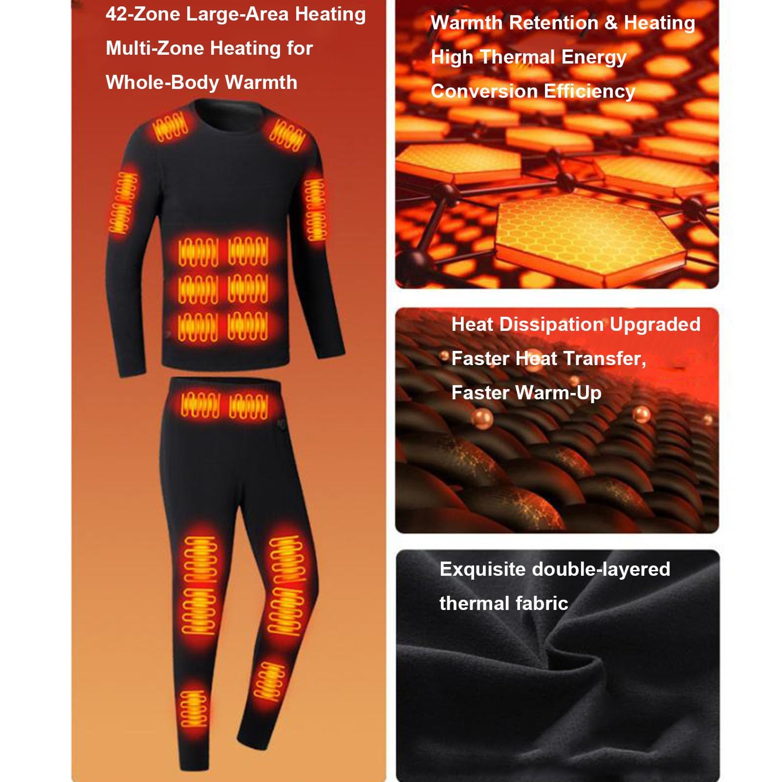 Conjunto de Ropa Interior Térmica Calefactables, Conjunto de Ropa Interior Térmica Elástica, 42 Zonas de Calentamiento, 3 Controles de Temperatura, para Esquí, Motos, Caza