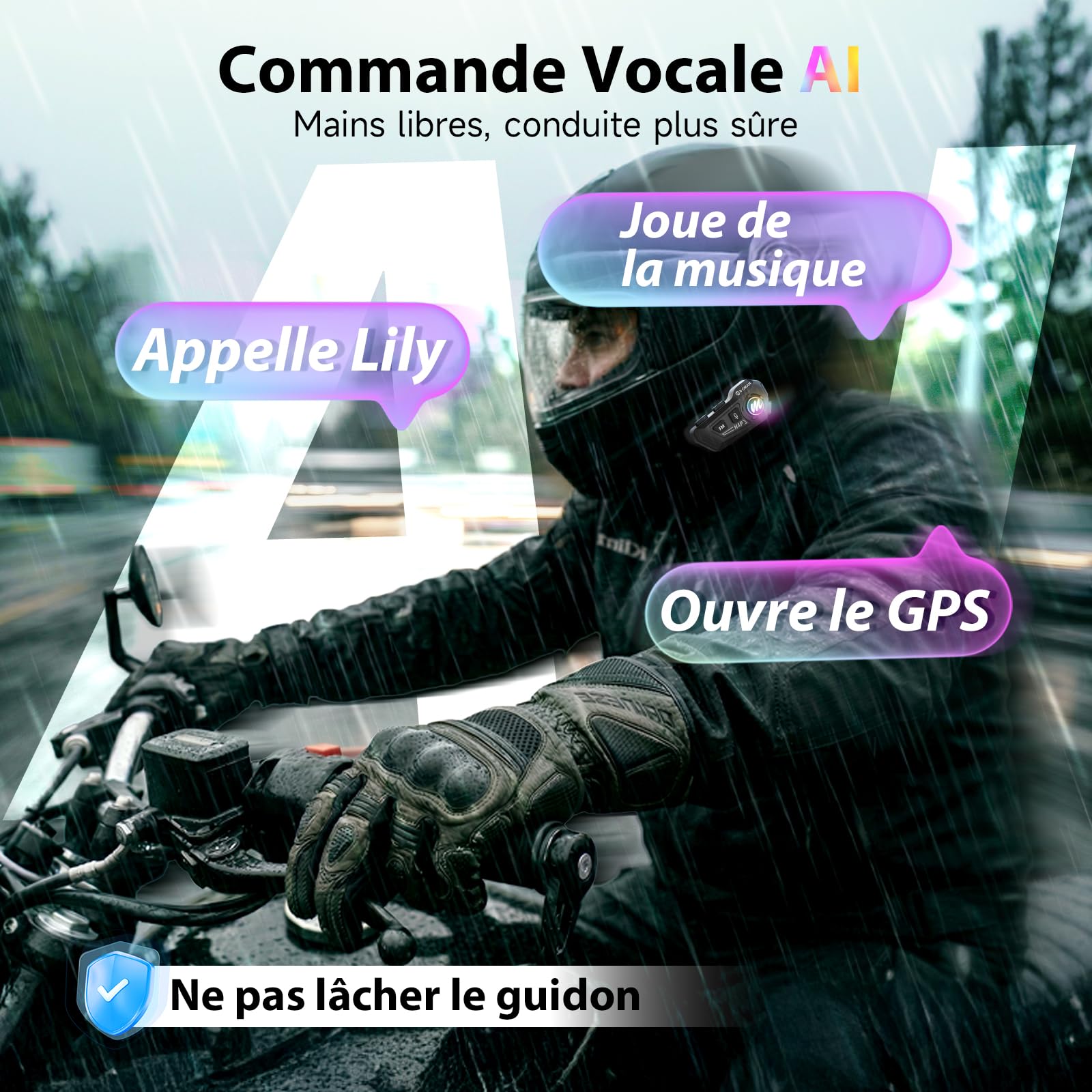 Moman Écouteurs Casque Moto-1000mAh Batterie, RS-H4P Kit Main Libre Moto avec HiFi Haut Parleur Micro Soft/Hard Double Réduction du Bruit RGB/Radio FM/AI Commande Vocale Étanche IPX6