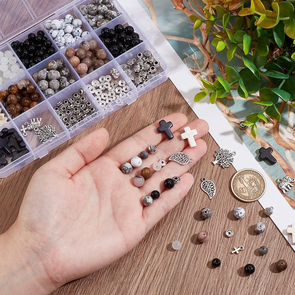 PH PandaHall 348pcs 9 Styles Round Stone Beads Bracelet Making Kit Cross Stone Beads 6/8mm Natural Synthetic Stone Jewelry Set Rosary Beads with Spacer for Friendship Bracelet Necklace Earrings - Image 3