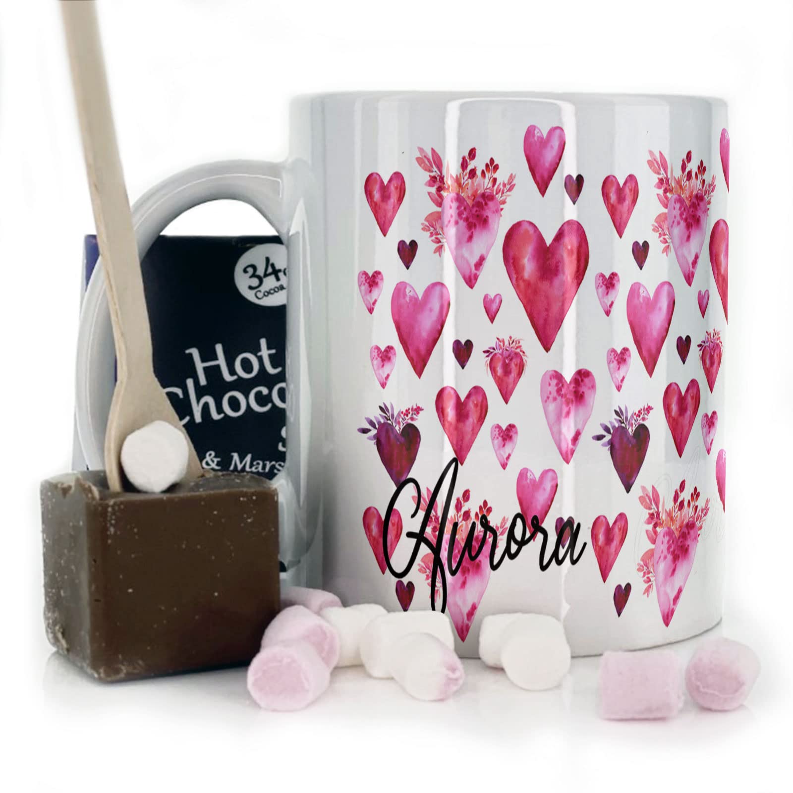 Personalised Mug and Belgian Milk Chocolate/Hot Chocolate Stirrer Marshmallow Gift Set, Custom Name (11oz) White, Yellow, Blue, Black, Pink Mug with Pink Valentine Heart Design, Love Mug