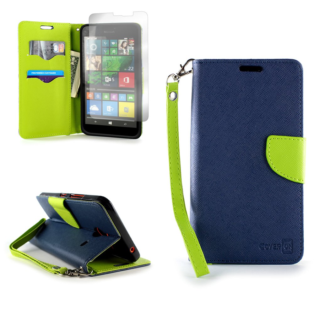 CoverON® for Microsoft Lumia 640 XL Wallet Case [Carryall Series] Flip Credit Card Phone Cover Pouch (Navy Blue & Neon Green) with Screen Protector and Wristlet Strap