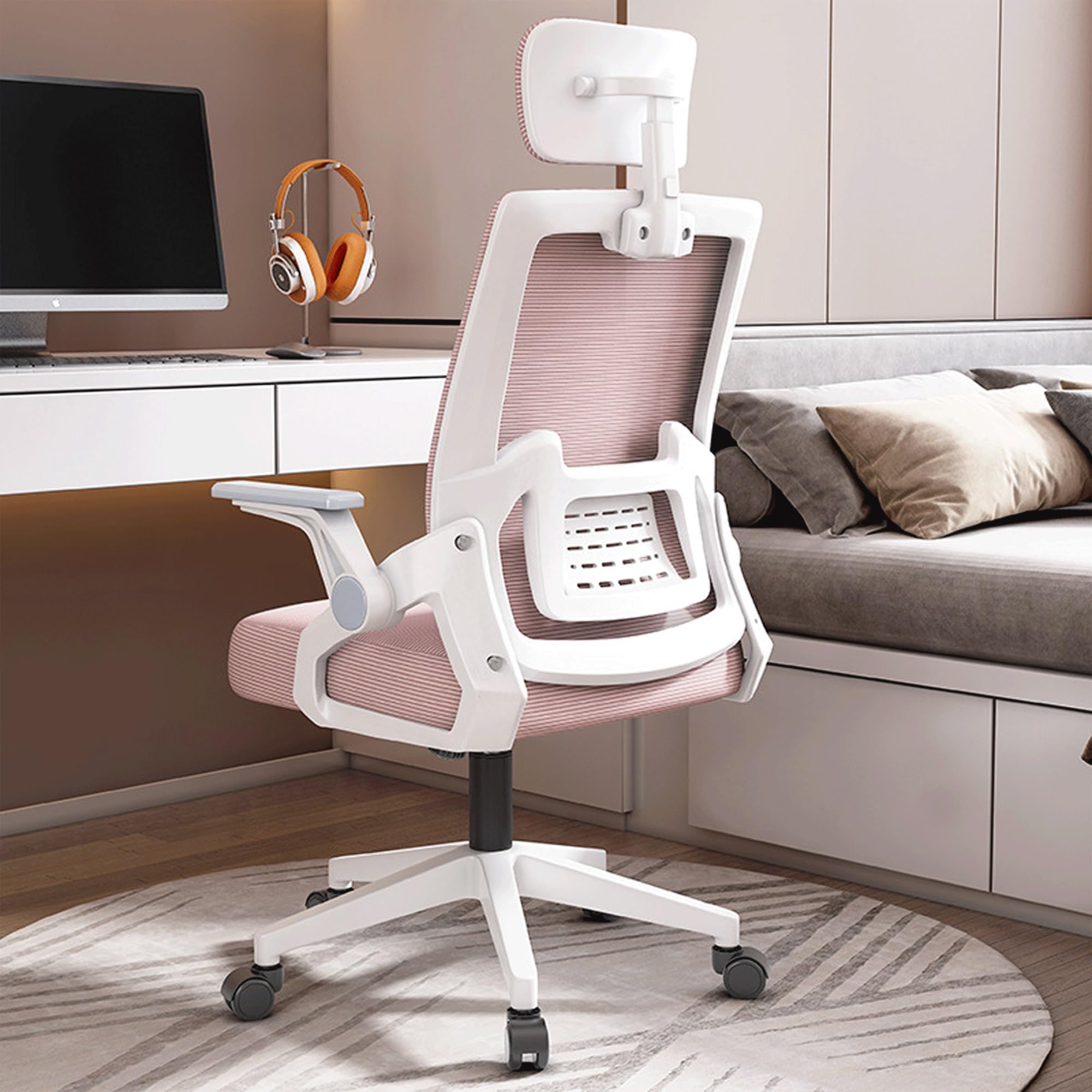 Silla de Oficina con reposacabezas Ajustable, reposabrazos abatibles para Juegos, cómoda Silla de Ordenador con Base Estable y Ruedas, Ideal para Oficina en casa, Estudio, Trabajo, Ejecutivo